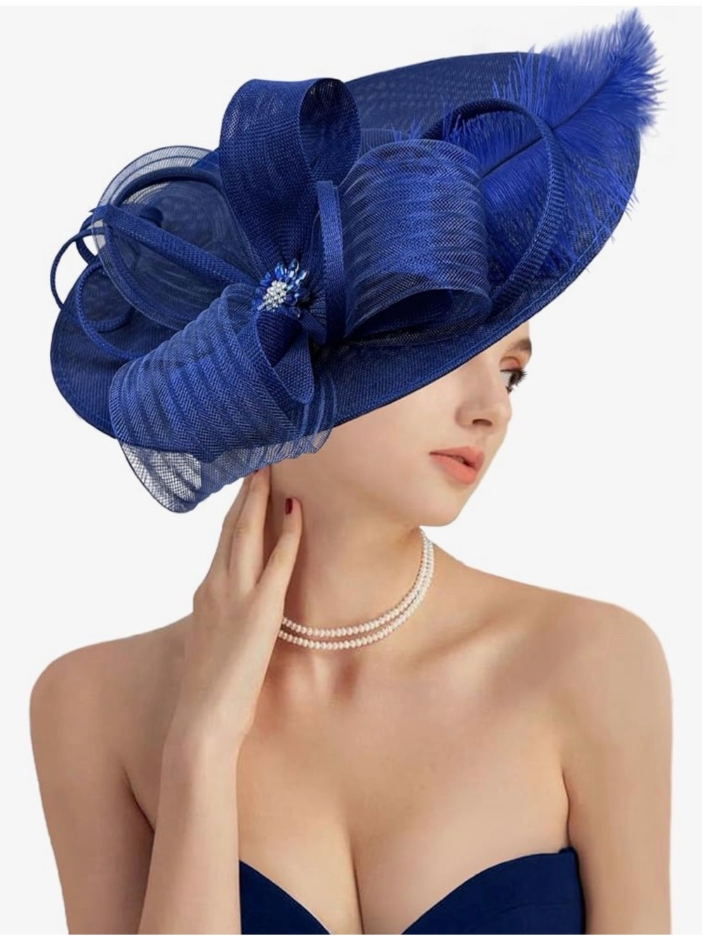 Elegant Royal Blue Women's Wide-Brim Fascinator Hat with Feather & Rhinestone